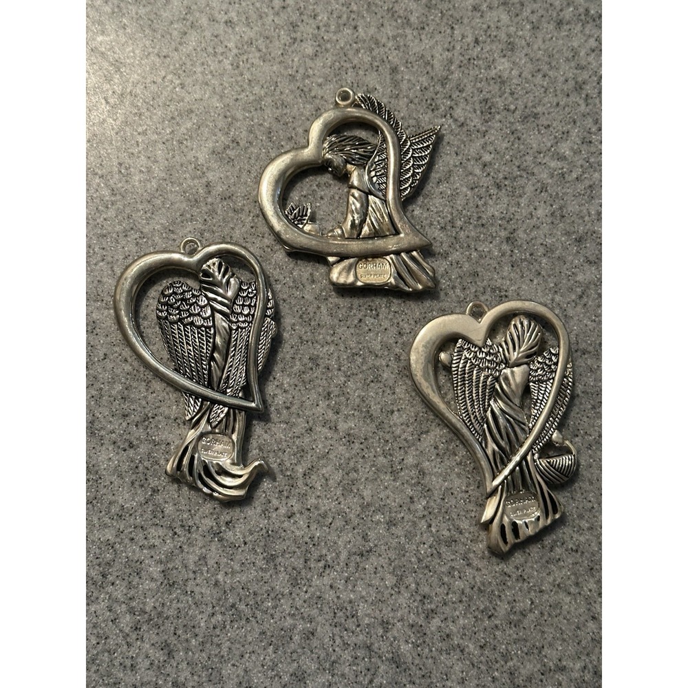 Lot Of 3 Gorham Christmas Angels Silver Plated Peace Love Hope  3"‎ Heart Shaped - Picture 2 of 14